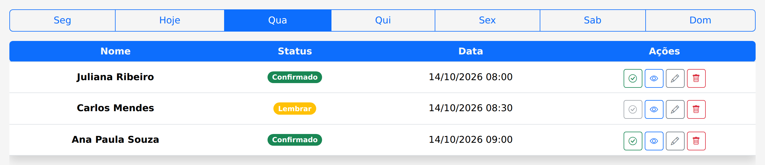 Tela de Atendimentos do Agendei: tabela com paciente, status, data e ações